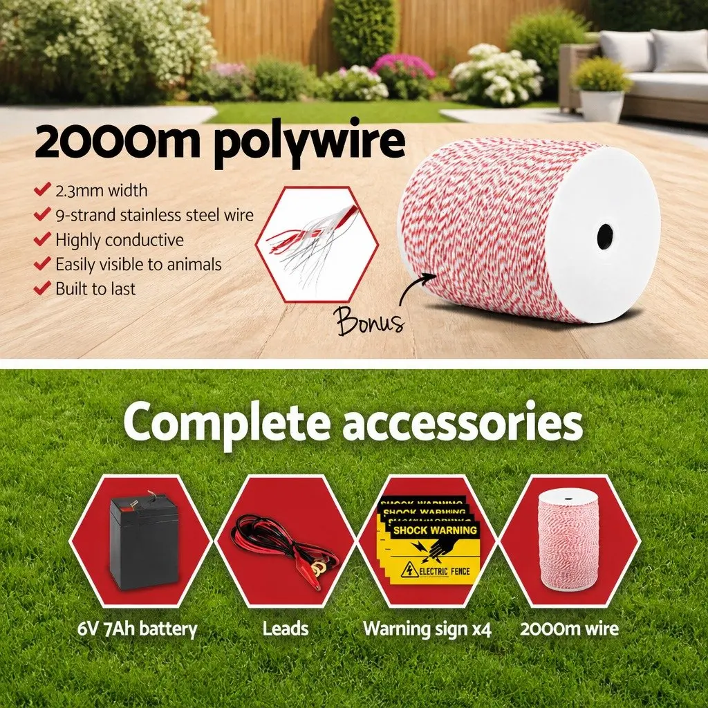 Solar Electric Fence Energiser 8KM Livestock Pet Farm Fencing Poly Wire Kit