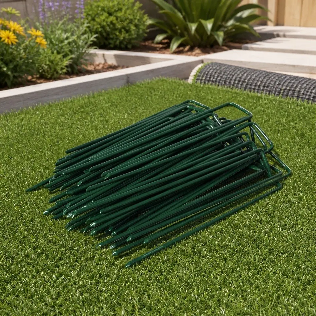 U-Shape Synthetic Grass Pins 150mm Steel Turf Fixing Anchors Green 100PCS
