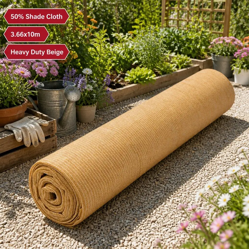 Shade Cloth 3.66m x 10m 50% Shade Block UV-Stabilised Beige for Garden Greenhouse