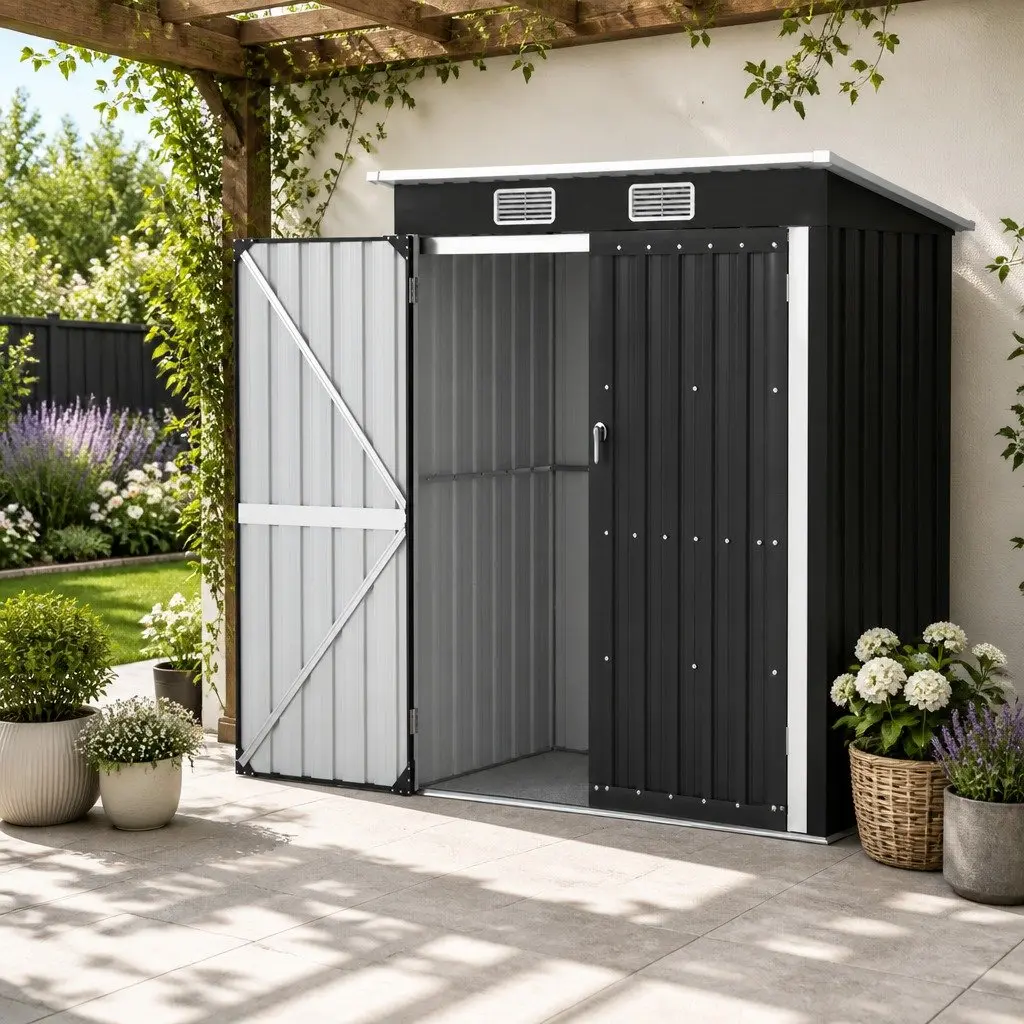 Garden Shed 1.62M x 1M Outdoor Storage Tool House Shelter Grey Sloped Roof Double Hinge Doors