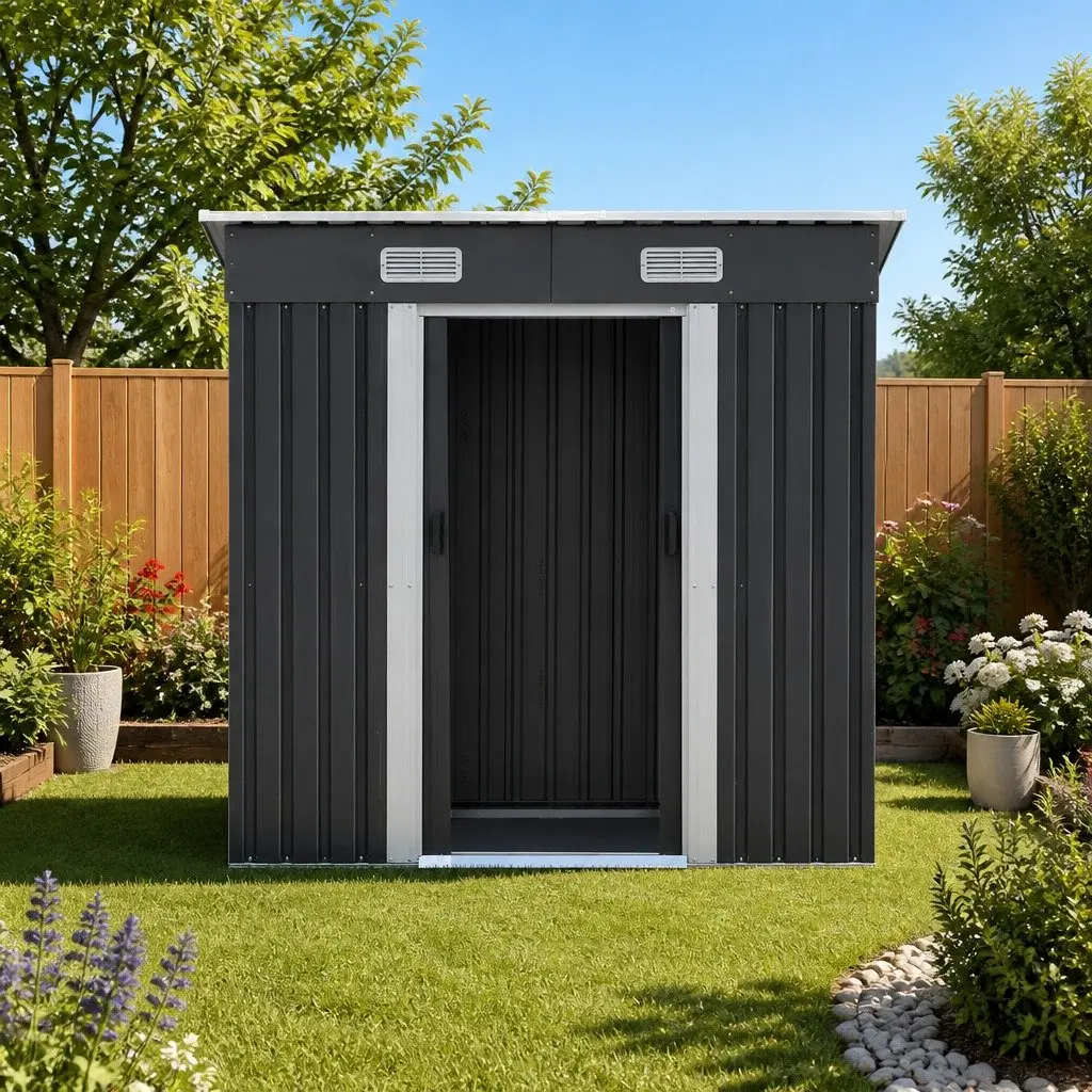 Garden Shed 1.94x1.21M Outdoor Storage Tool Shelter with Double Sliding Doors and Sloped Roof