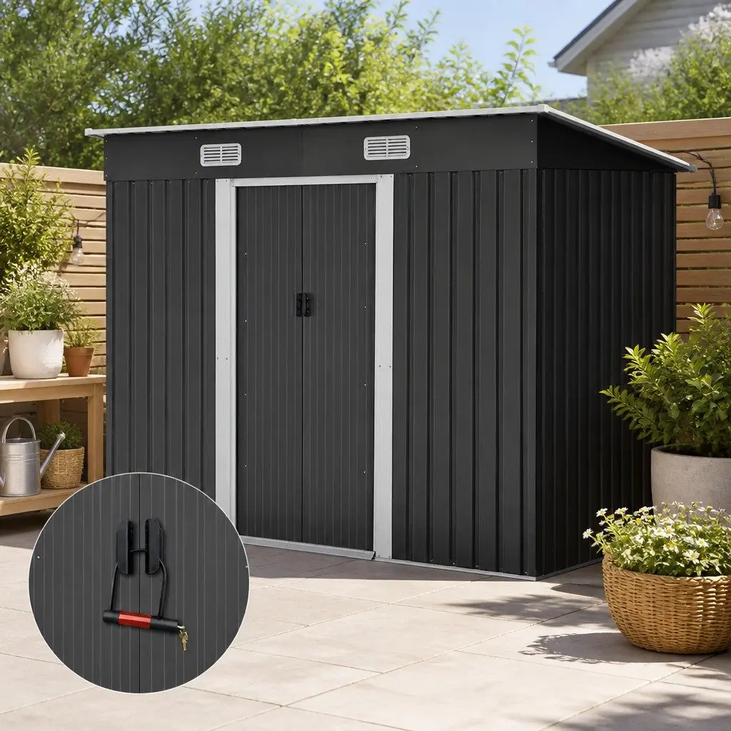 Garden Shed 2.38x1.31M Grey Metal Storage Outdoor Tool Workshop Shelter Sliding Doors