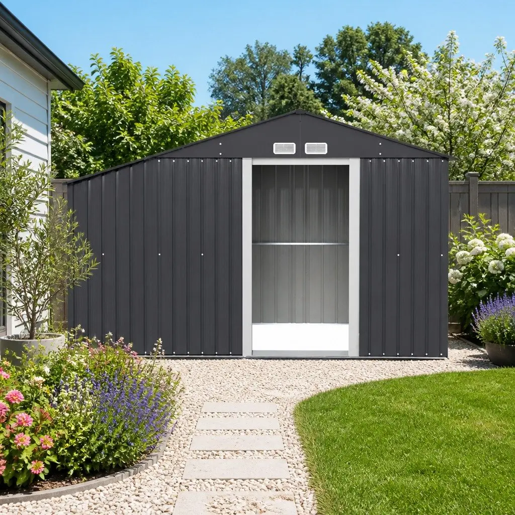 Garden Shed 3.22x1.96M Outdoor Storage Workshop Tool House Grey Durable Steel Frame Double Sliding Doors