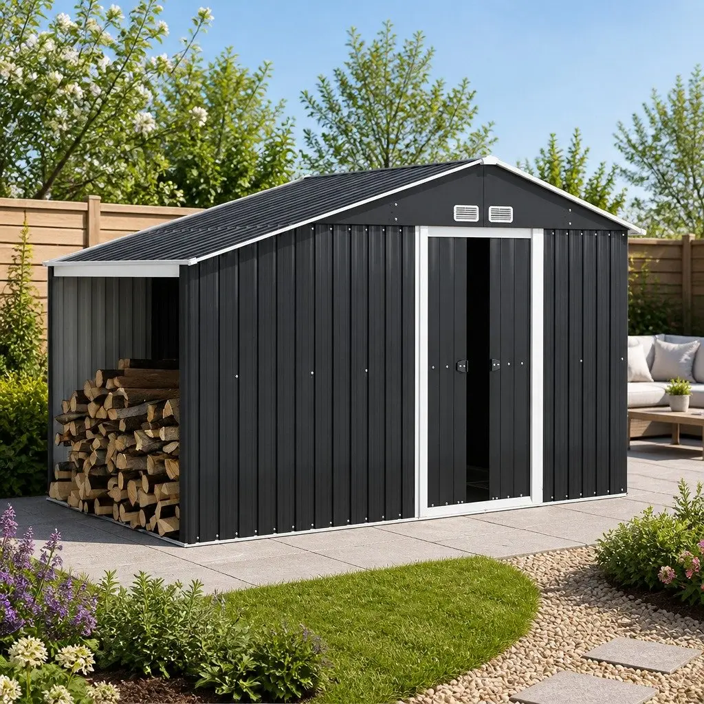 Garden Shed 3.22x1.96M Outdoor Storage Workshop Tool House Grey Durable Steel Frame Double Sliding Doors