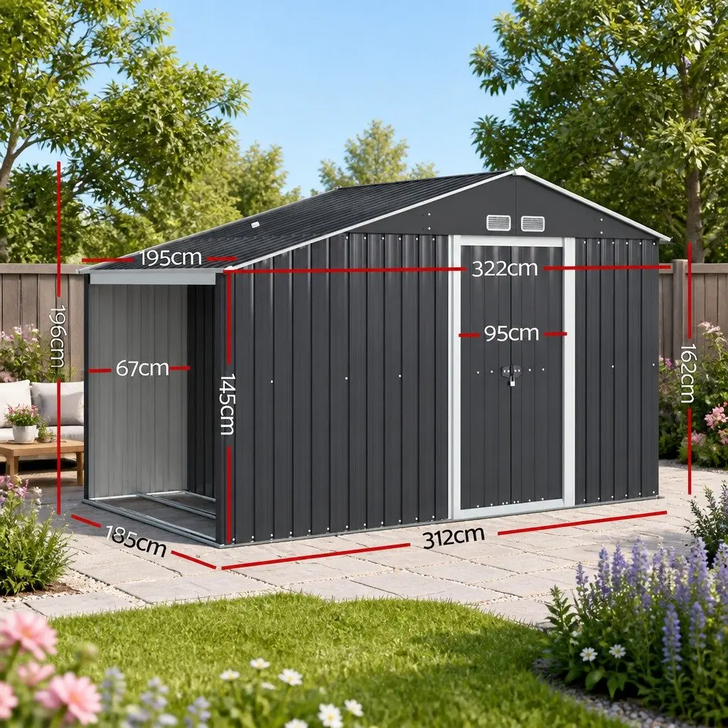 Garden Shed 3.22x1.96M Outdoor Storage Workshop Tool House Grey Durable Steel Frame Double Sliding Doors