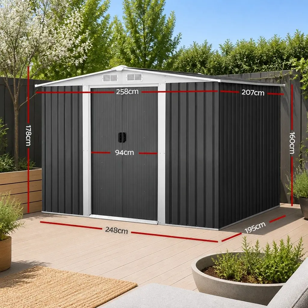 Metal Garden Shed 2.58 x 2.07M Outdoor Storage Workshop Sliding Door Grey