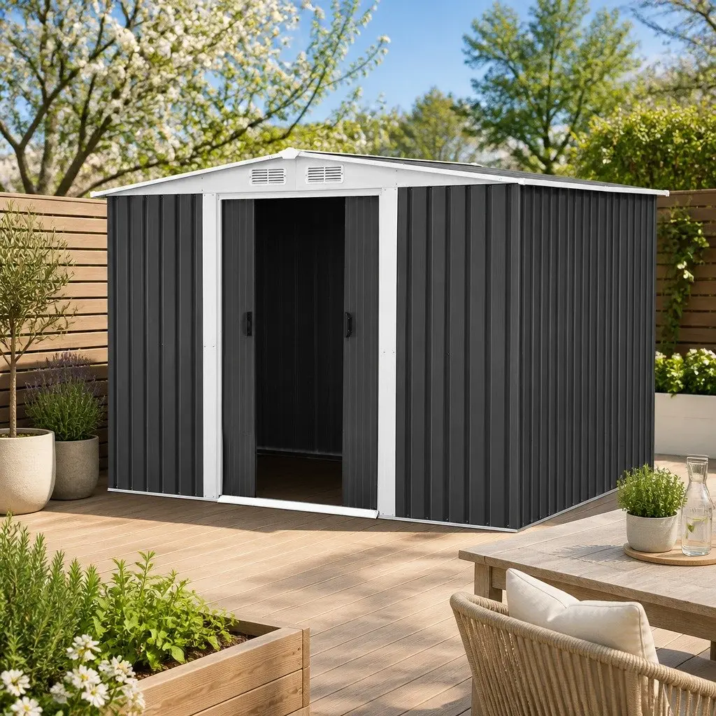 Metal Garden Shed 2.58 x 2.07M Outdoor Storage Workshop Sliding Door Grey