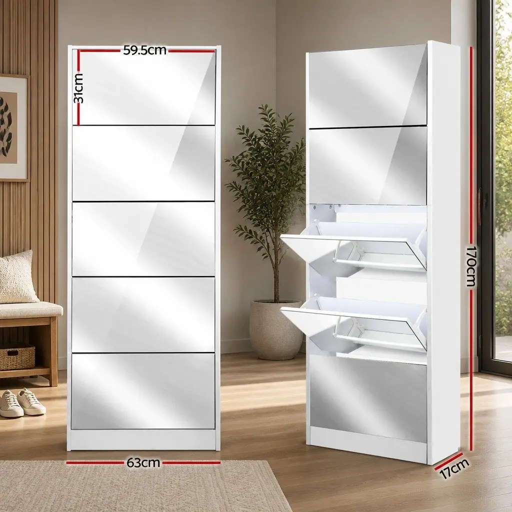 Shoe Rack Cabinet with Full-Length Mirror 5 Compartments White Storage Furniture