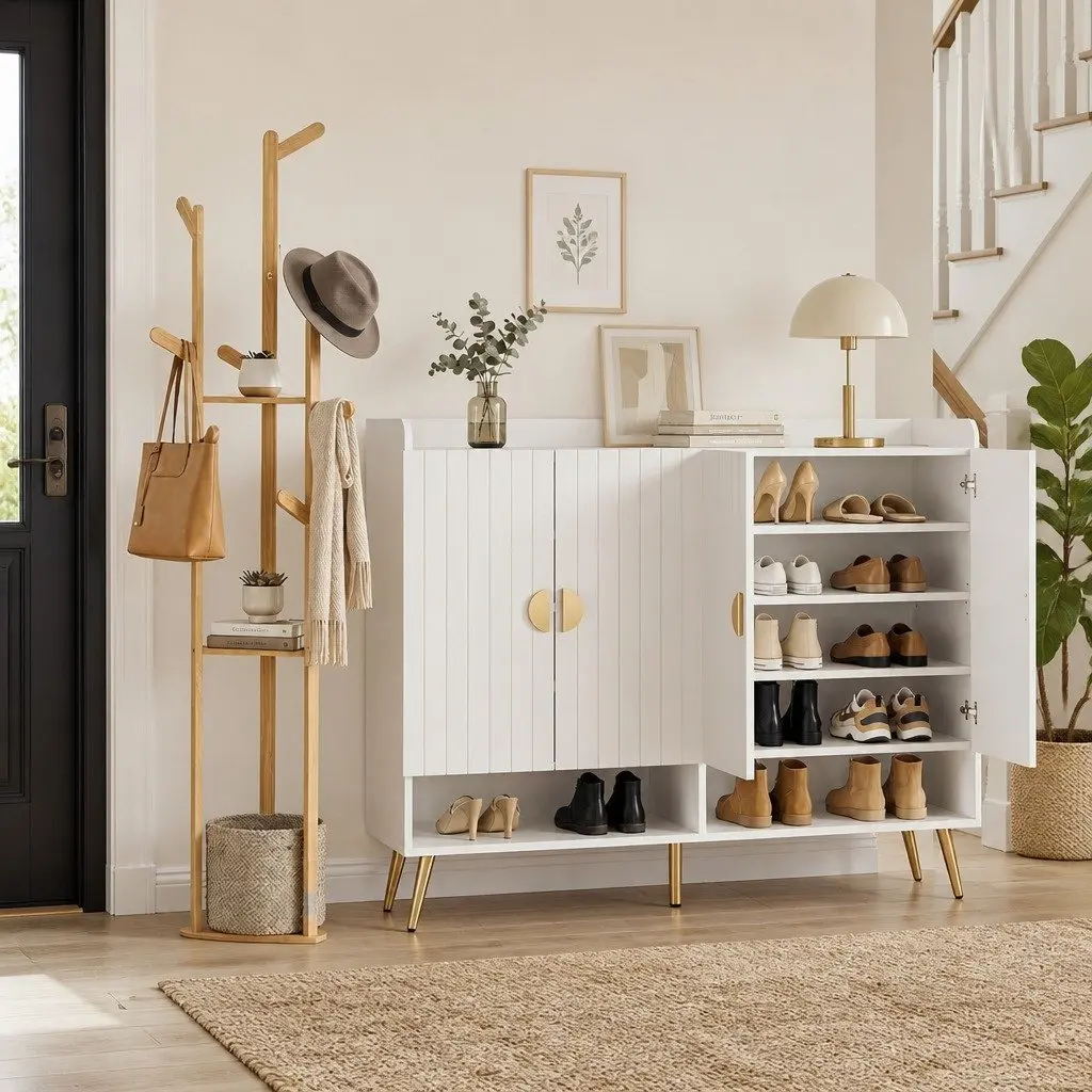 Shoe Storage Cabinet Set 5 Tier Shoe Rack and Clothes Rack with Hooks White Pine