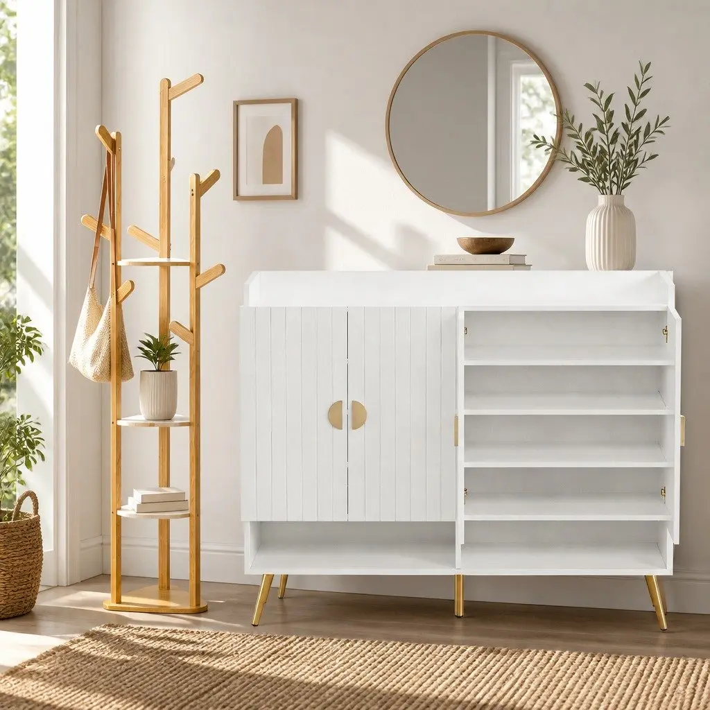 Shoe Storage Cabinet Set 5 Tier Shoe Rack and Clothes Rack with Hooks White Pine