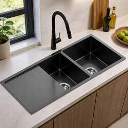 Stylish Double Bowl Kitchen Sink 100x45cm with Pull-Out Tap