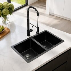 Elegant Black Double Bowl Sink 77x45CM with Mixer Tap
