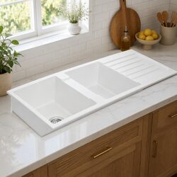 Double Bowl Kitchen Sink 116x50cm Granite Stone White Undermount Flush Drop In
