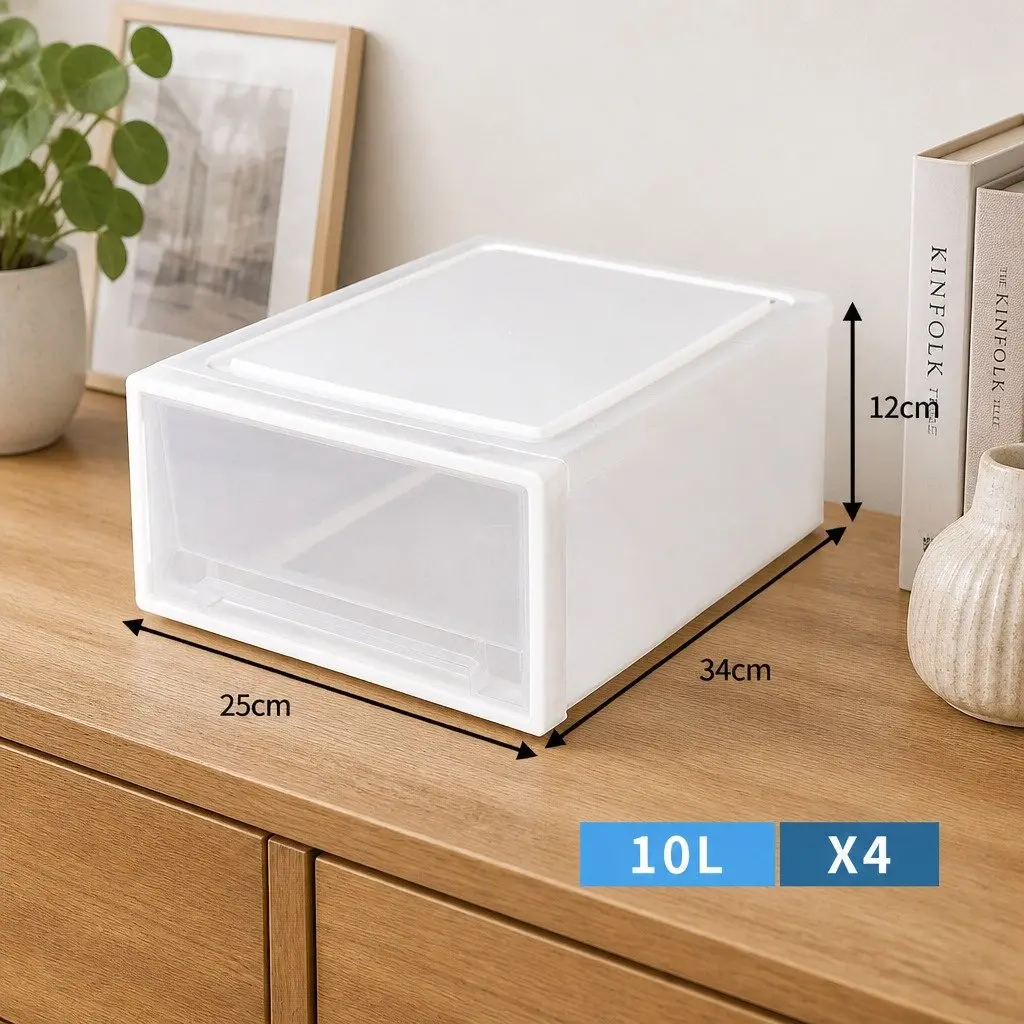 Small Plastic Storage Drawers 4 Piece Stackable Containers with Transparent Walls and Integrated Handles