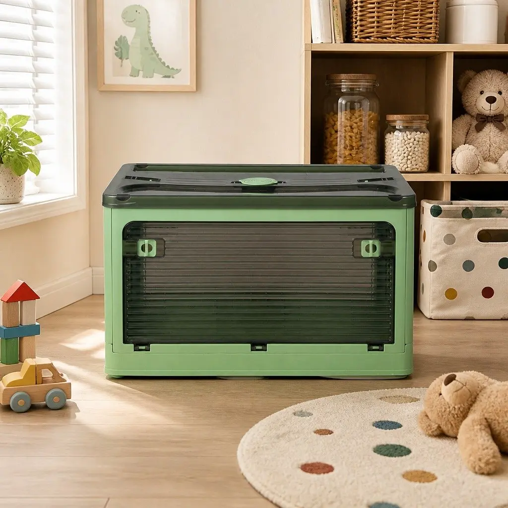 Stackable Storage Container 28L 55L 124L Green Plastic Organizer Box with Locking Lid and Front Access Opening