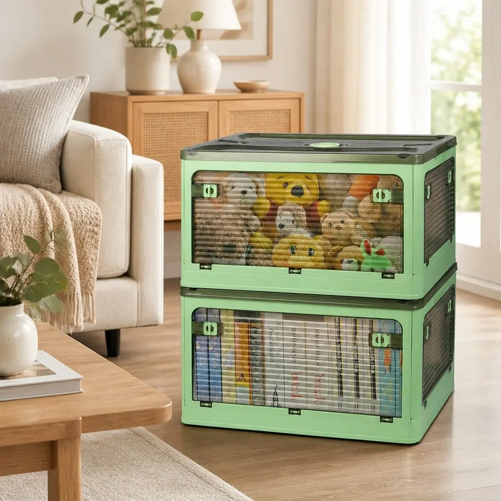 Stackable Storage Container 28L 55L 124L Green Plastic Organizer Box with Locking Lid and Front Access Opening