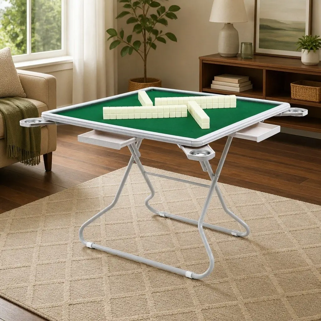 Folding Mahjong Table with 4 Drawers and Cup Holders for Home Use