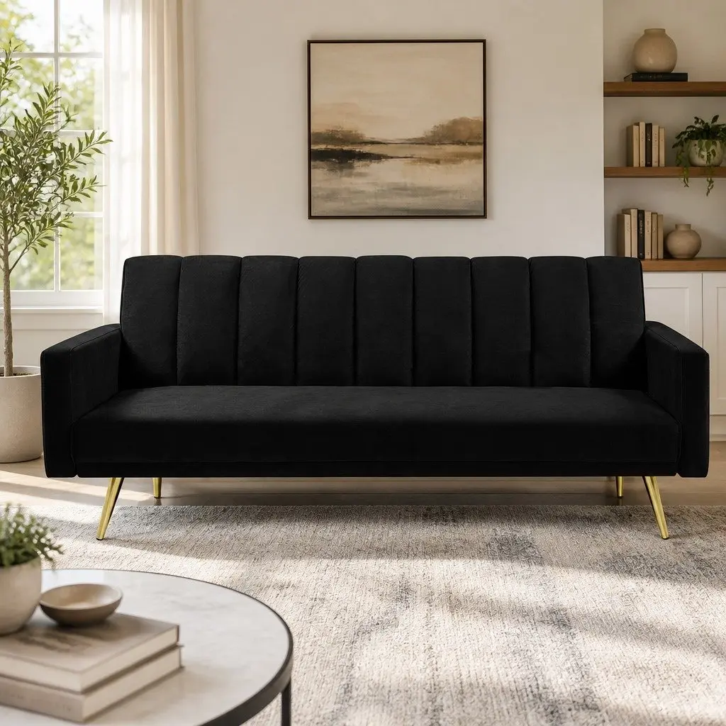 Velvet3SeaterConvertibleSofaBedAdjustableBackrestLoungeReclinerCouchBlack