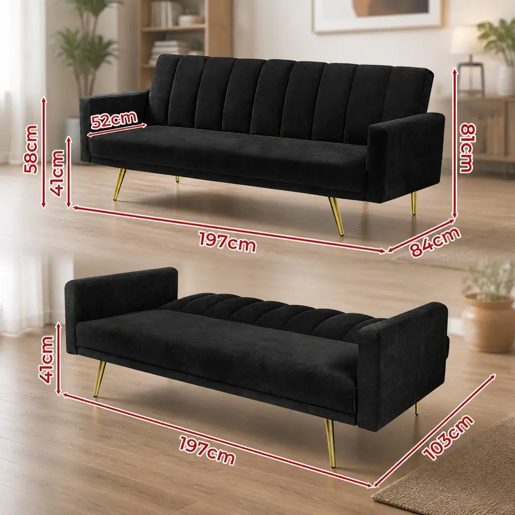 Velvet3SeaterConvertibleSofaBedAdjustableBackrestLoungeReclinerCouchBlack