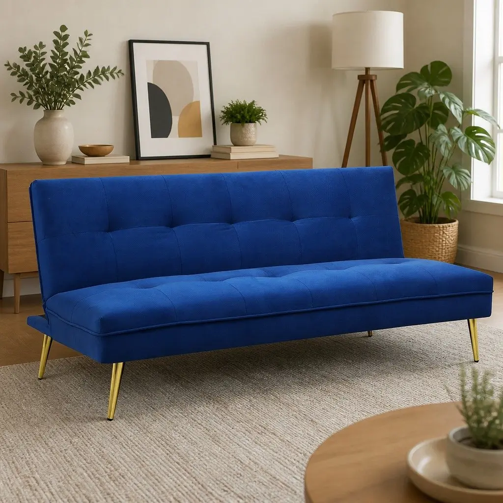 Convertible Sofa Bed Deep Blue Velvet 3 Seater Lounge with Adjustable Backrest for Small Spaces
