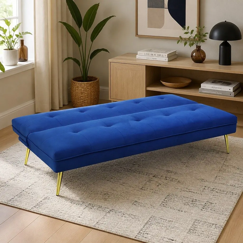 Convertible Sofa Bed Deep Blue Velvet 3 Seater Lounge with Adjustable Backrest for Small Spaces