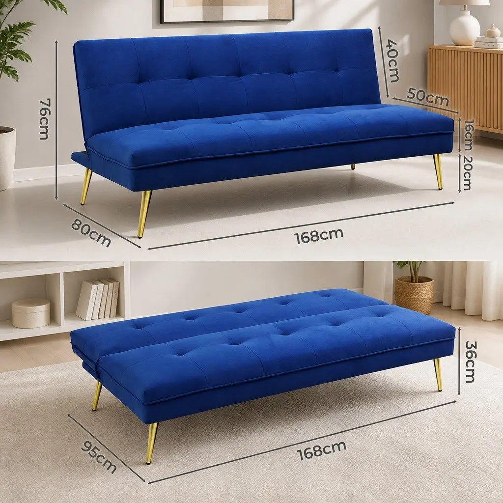 Convertible Sofa Bed Deep Blue Velvet 3 Seater Lounge with Adjustable Backrest for Small Spaces