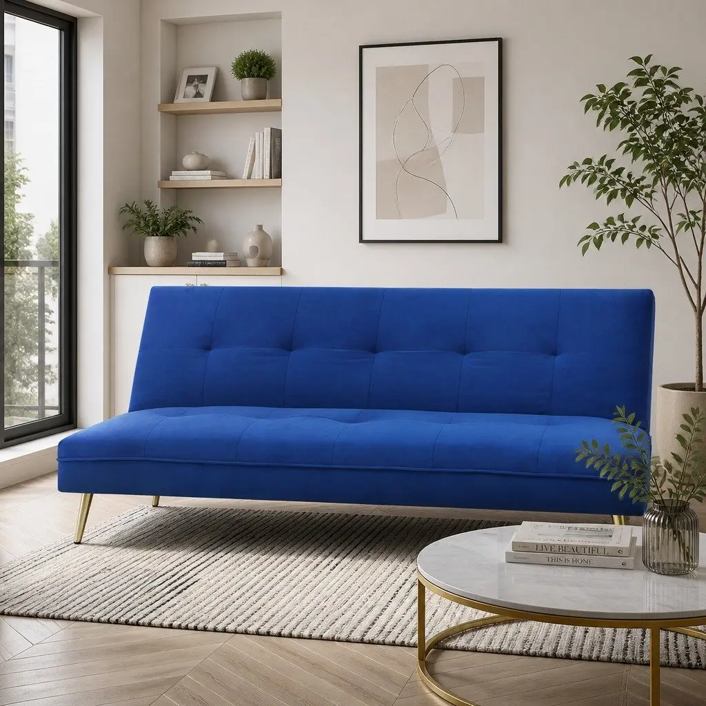 Convertible Sofa Bed Deep Blue Velvet 3 Seater Lounge with Adjustable Backrest for Small Spaces