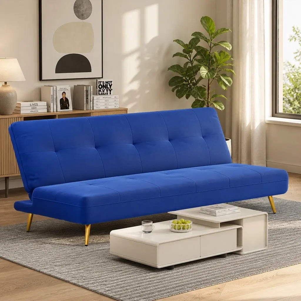 Convertible Sofa Bed Deep Blue Velvet 3 Seater Lounge with Adjustable Backrest for Small Spaces