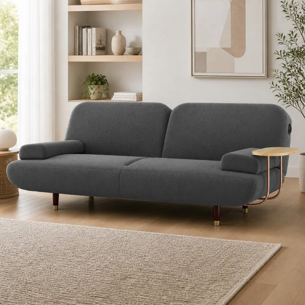 Sofa Bed 3-Seater Grey Corduroy Fabric Adjustable Backrest Solid Wood Frame with USB Charging Side Table