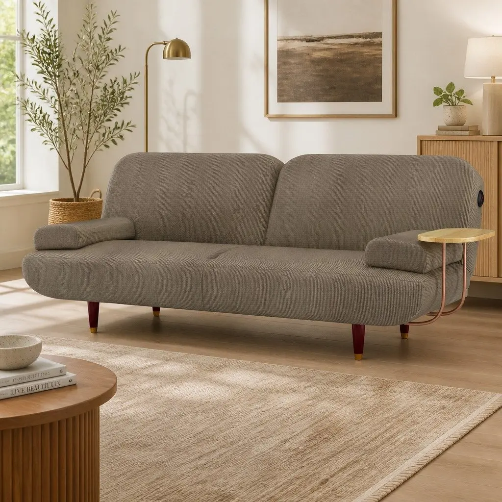 Convertible Sofa Bed 3 Seater Adjustable Backrest USB Charging Port Removable Side Table Corduroy Fabric Solid Wood Frame