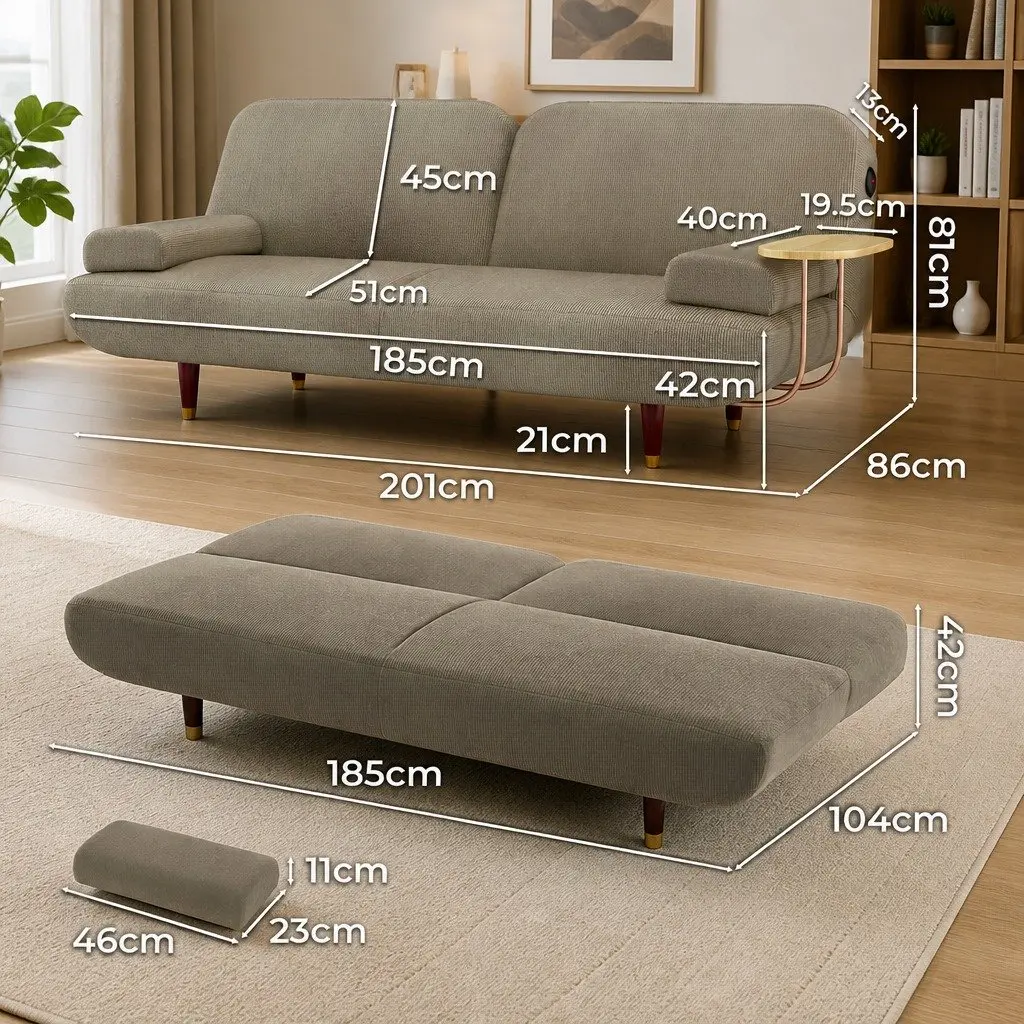 Convertible Sofa Bed 3 Seater Adjustable Backrest USB Charging Port Removable Side Table Corduroy Fabric Solid Wood Frame
