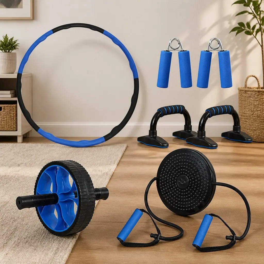 5-in-1 Exercise Roller Wheel Set Ab Wheel Hula Hoop Push-Up Bars Hand Grippers