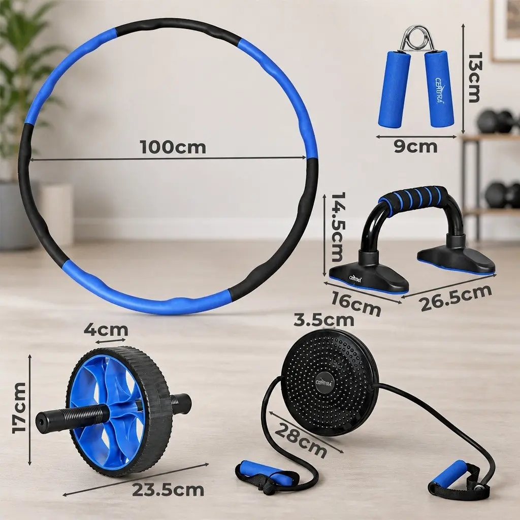 5-in-1 Exercise Roller Wheel Set Ab Wheel Hula Hoop Push-Up Bars Hand Grippers