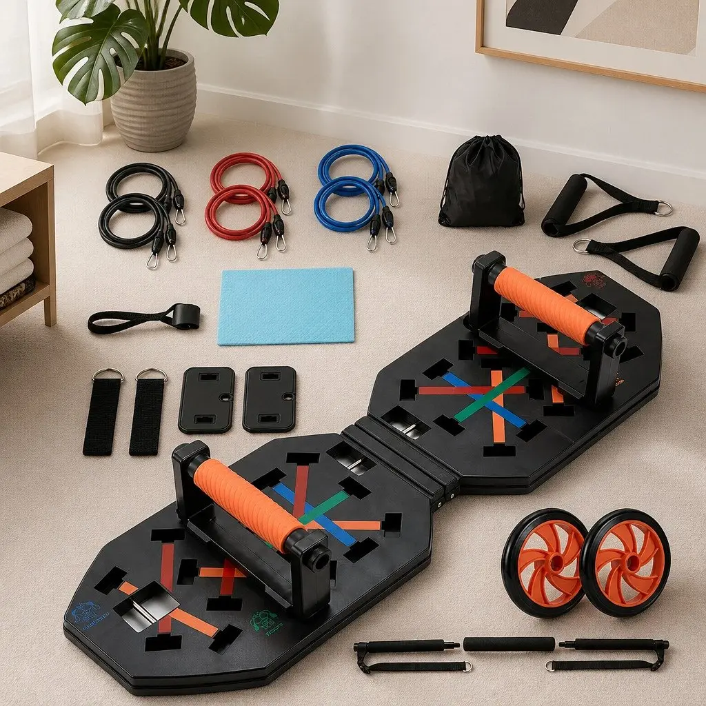 Push Up Board Multi-Grip Home Gym Fitness Set with Detachable Barbell Resistance Bands and Core Training Tools