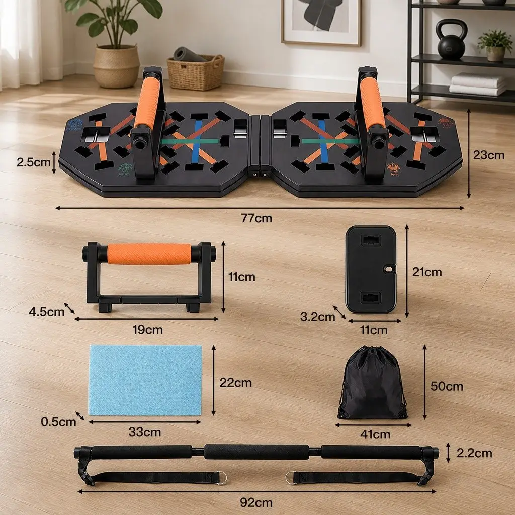 Push Up Board Multi-Grip Home Gym Fitness Set with Detachable Barbell Resistance Bands and Core Training Tools
