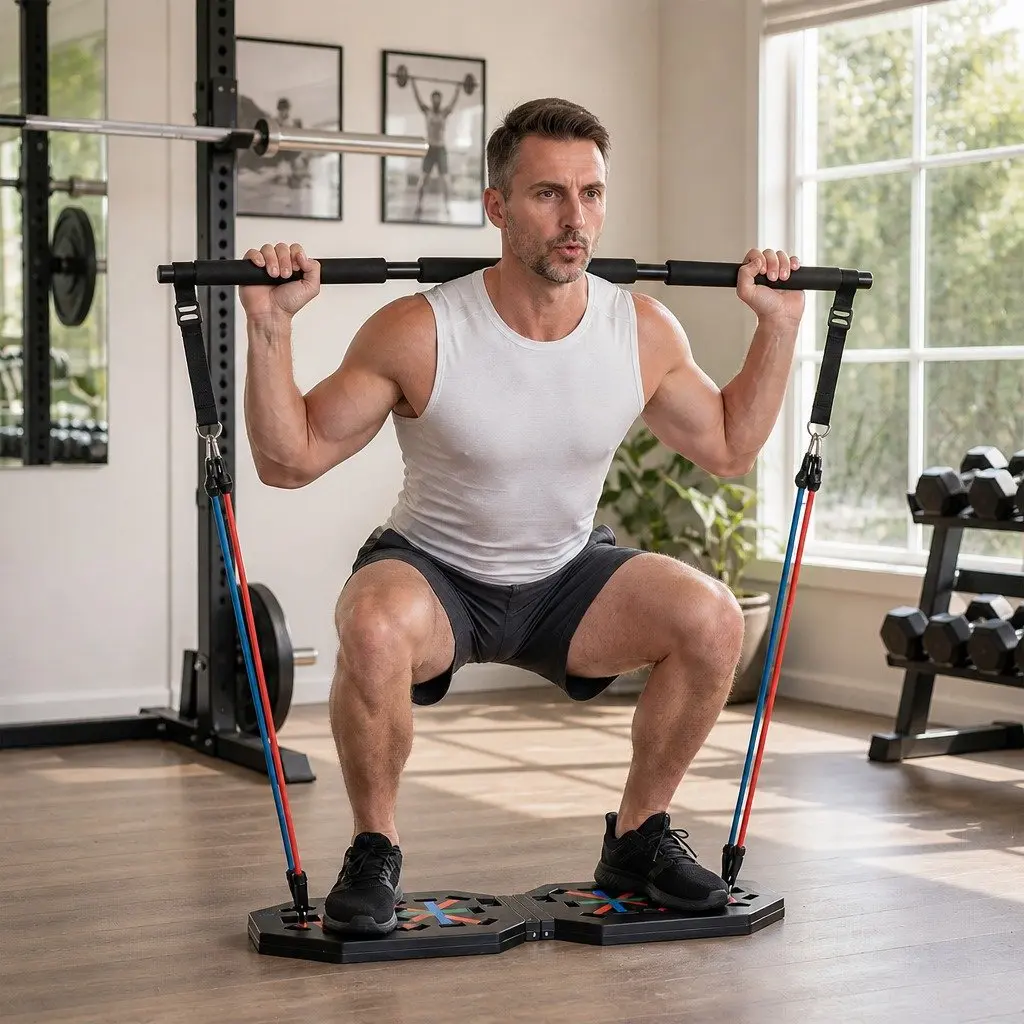 Push Up Board Multi-Grip Home Gym Fitness Set with Detachable Barbell Resistance Bands and Core Training Tools