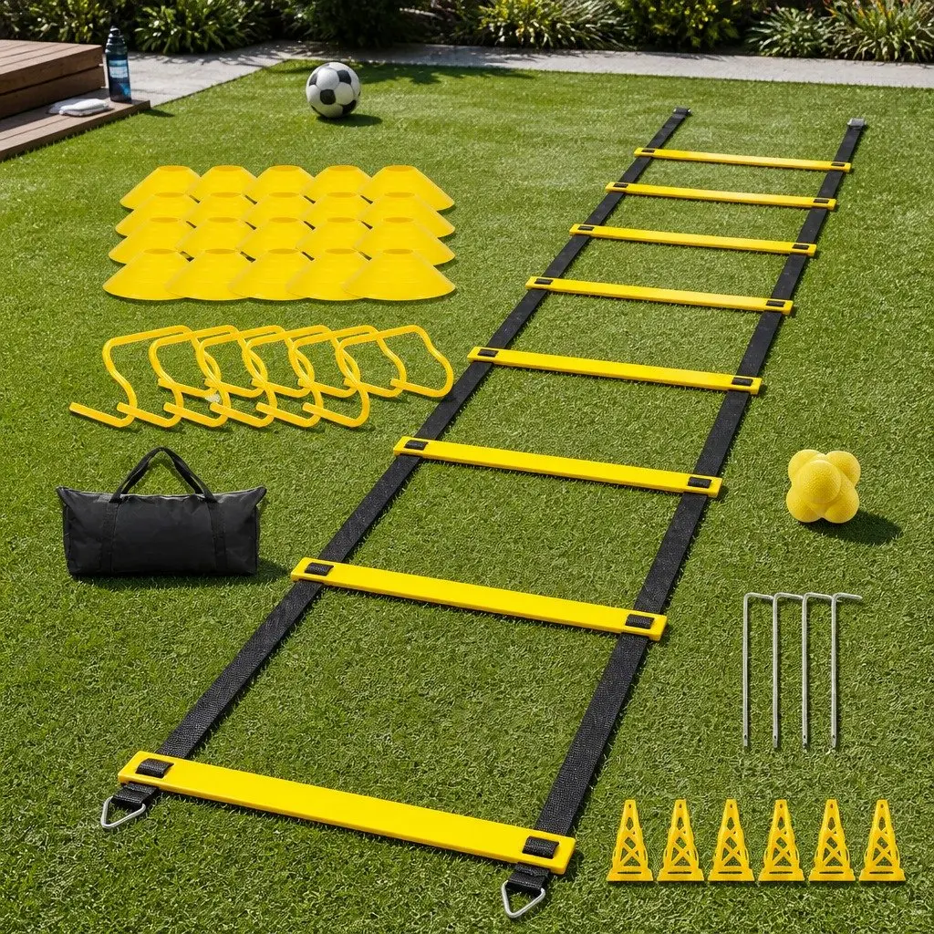 39 Piece Adjustable Agility Training Kit with Ladder Hurdles Cones and Reaction Ball for Speed and Coordination Drills