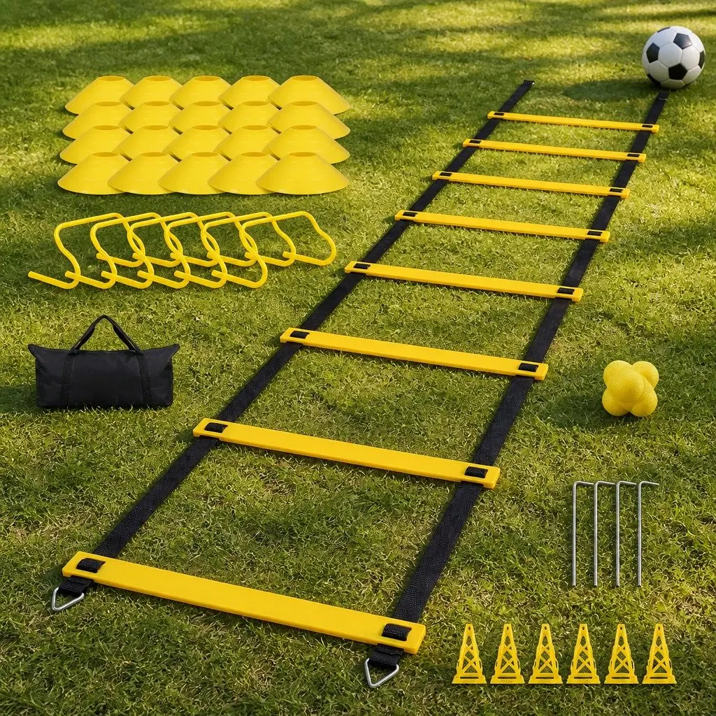 39 Piece Adjustable Agility Training Kit with Ladder Hurdles Cones and Reaction Ball for Speed and Coordination Drills