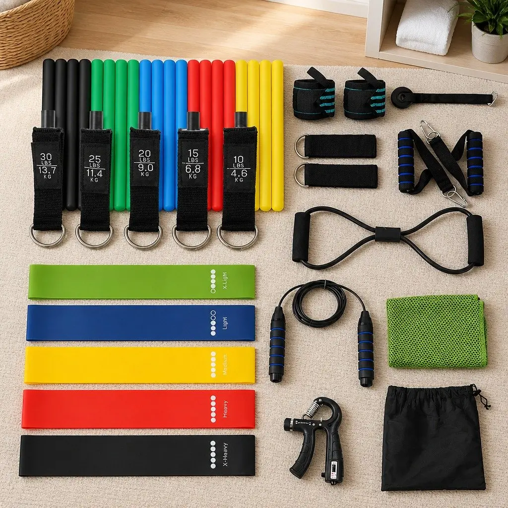 Resistance Bands Set 11 Piece Comprehensive Kit with Jump Rope Door Anchor Handles for Home Workouts