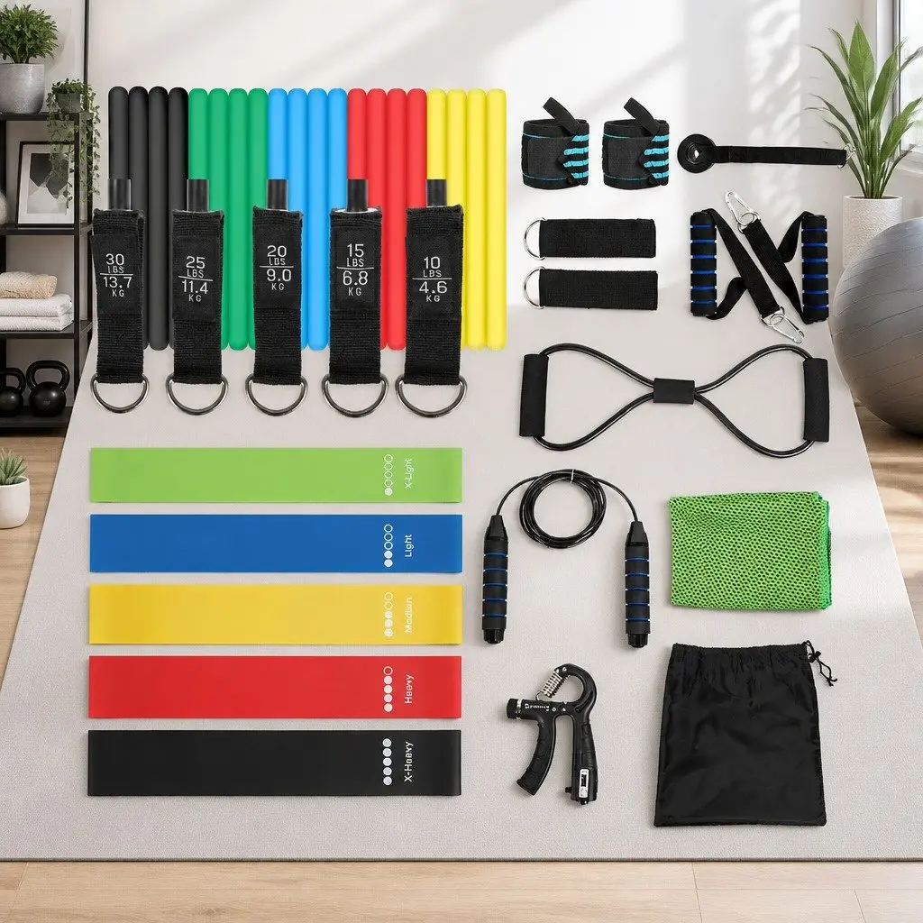Resistance Bands Set 11 Piece Comprehensive Kit with Jump Rope Door Anchor Handles for Home Workouts