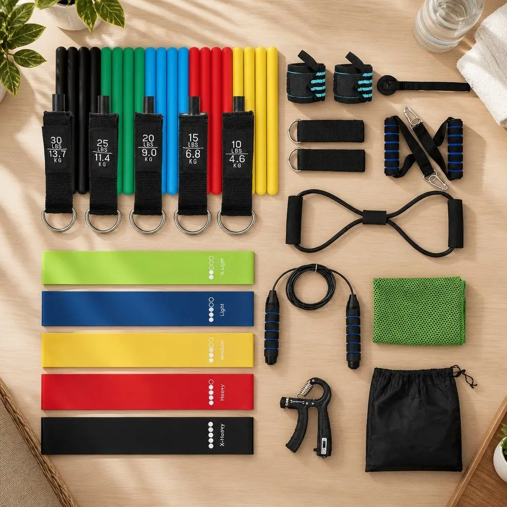 Resistance Bands Set 11 Piece Comprehensive Kit with Jump Rope Door Anchor Handles for Home Workouts