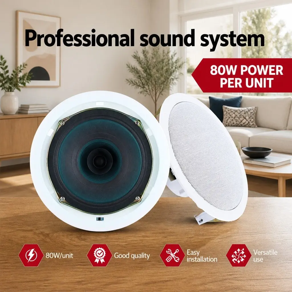 6 Inch Ceiling Speakers Pair 80W Easy Installation Surround Sound Home Theatre Audio White