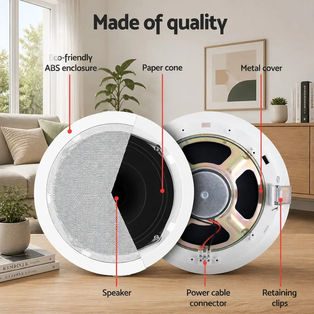 6 Inch Ceiling Speakers Pair 80W Easy Installation Surround Sound Home Theatre Audio White