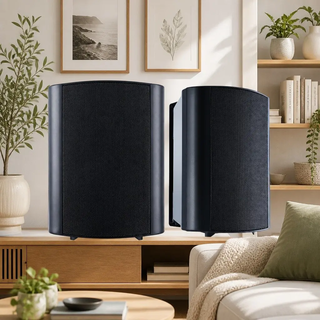 2 Piece Wall Speaker Set 5.25 Inch Woofer 2.5 Inch Tweeter Two Way Configuration Indoor Outdoor Audio Black