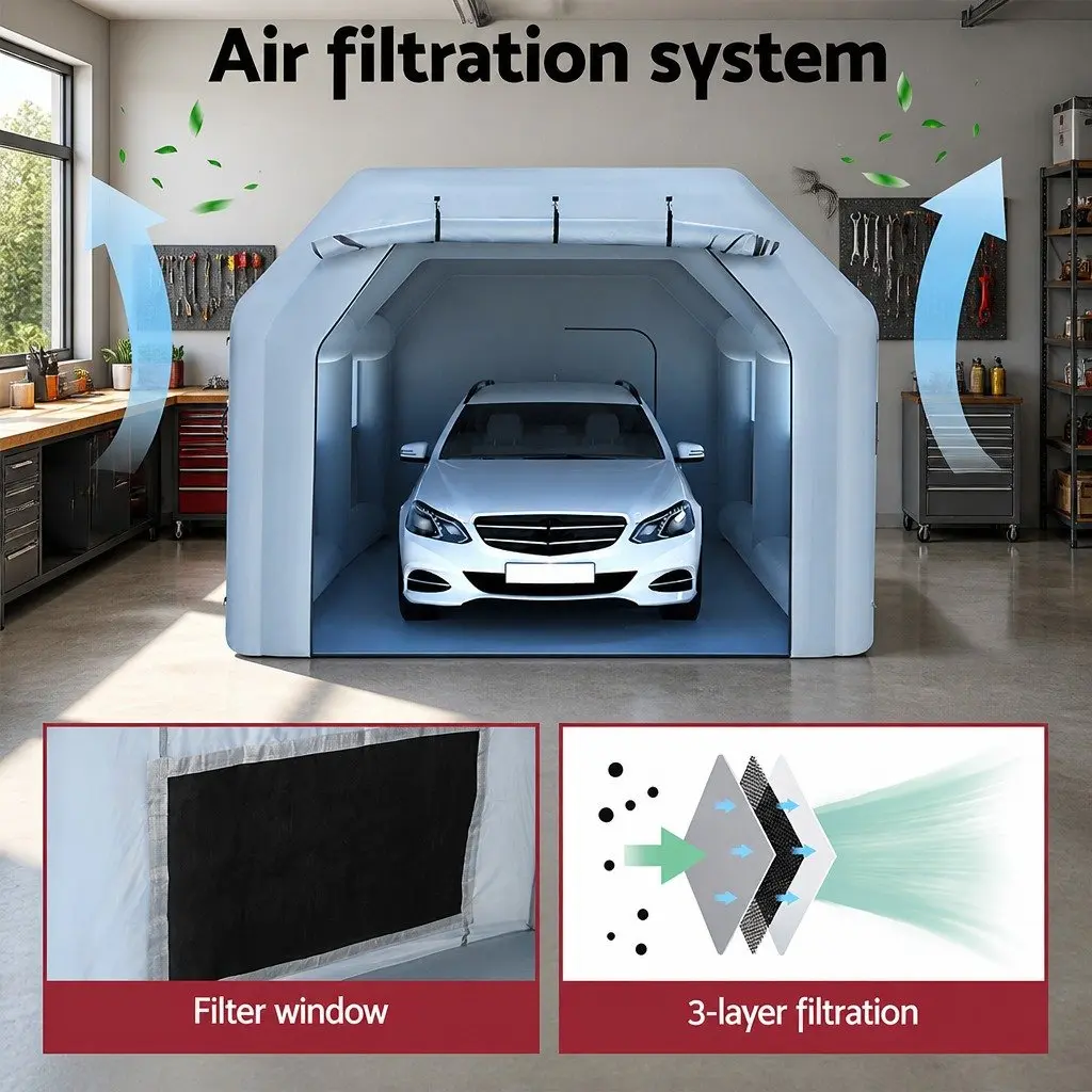 Inflatable Spray Paint Booth 6x4m 3 Layer Filtration System with 1100W Electric Blower and Multiple Access Points