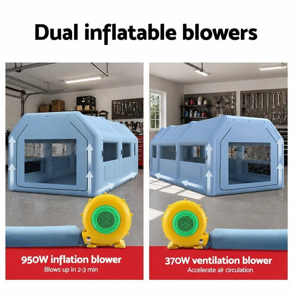 Inflatable Spray Paint Booth 8.5x4.6m Dual Filtration System with 950W Inflation Blower and 370W Ventilation Blower