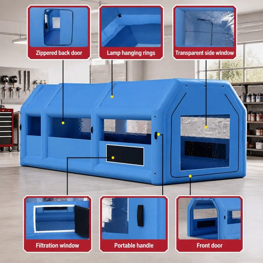Inflatable Paint Booth 8.5x4.8m Dual Blower System with 3-Layer Filtration for Automotive and Professional Painting Projects