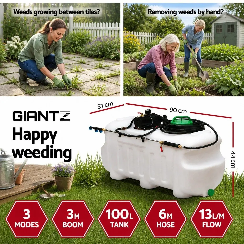 Weed Sprayer 100L Tank 3M Boom Foldable Adjustable Support Poles High Flow Rate 13Lmin 100PSI Leak Proof Impact Resistant Construction