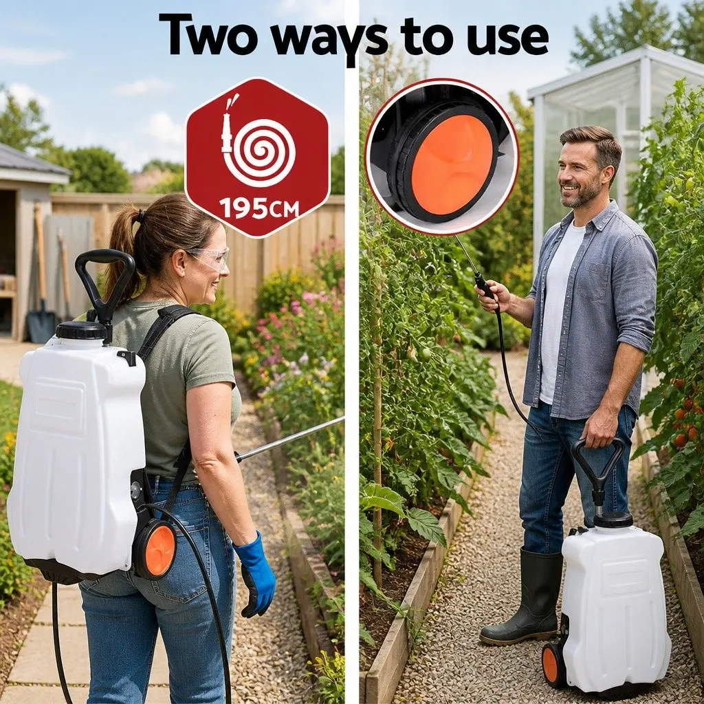 Electric Backpack Sprayer 20L Tank Dual Mode Wearable and Wheeled Trolley with Interchangeable Nozzles and Adjustable Wand