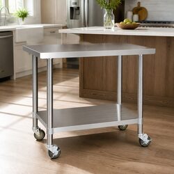 Stainless Steel Kitchen Work Bench with Lockable Wheels Adjustable Shelving